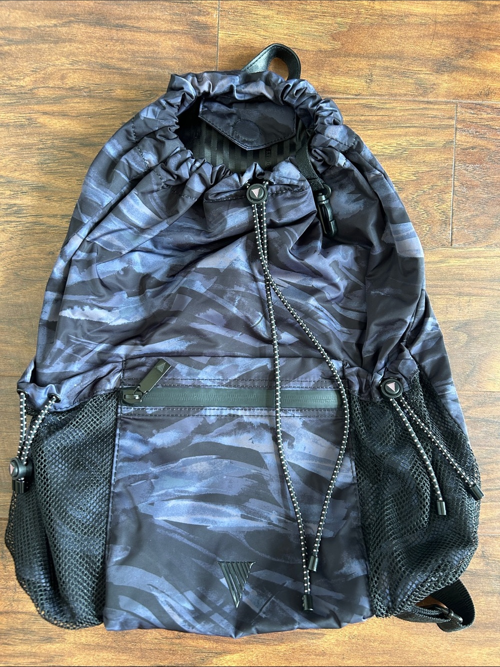 Victoria's Secret Black and Gray Camo Drawstring Backpack with Mesh Pockets